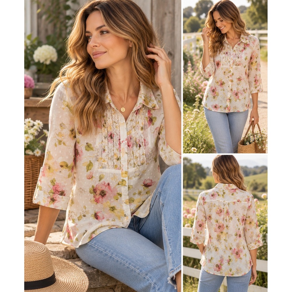 Laura Scott Button Front Shirt Women XL White Floral Swiss Dot Ruffle Cotton
